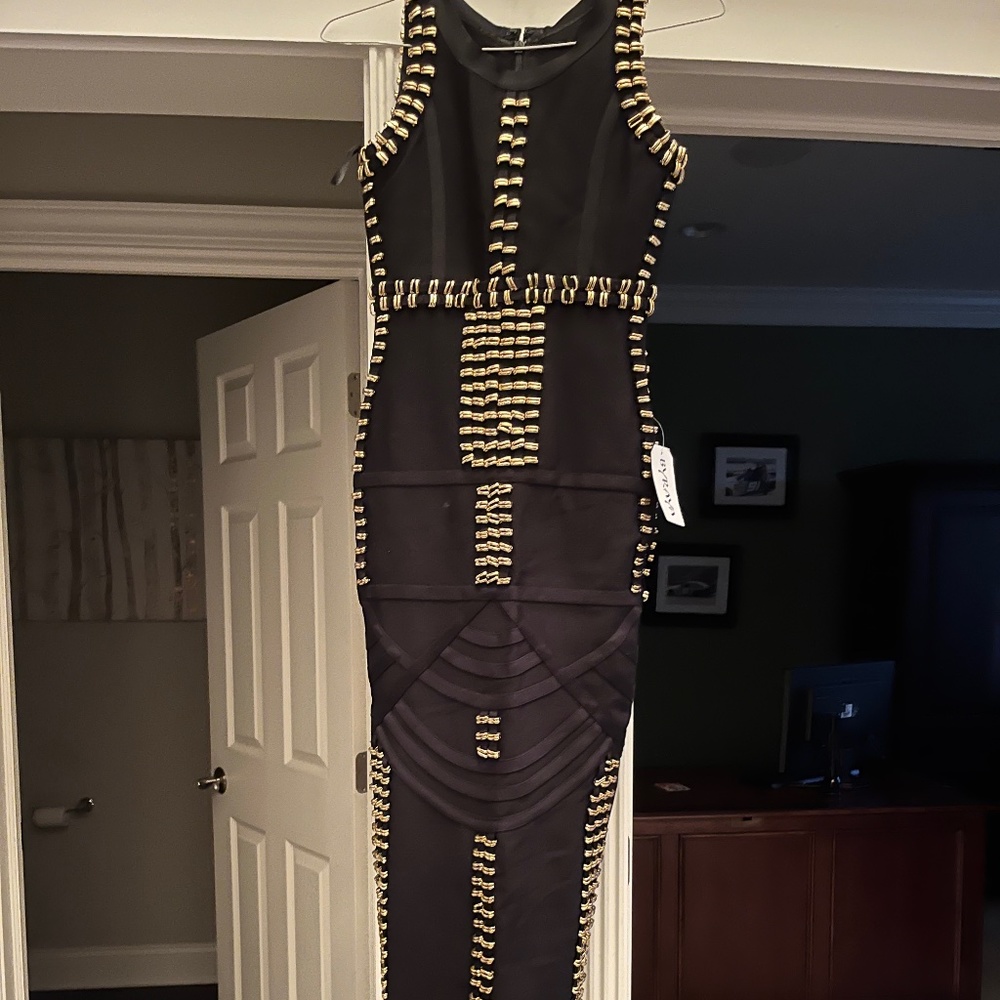 Gold Panel Black Midi Bandage Dress